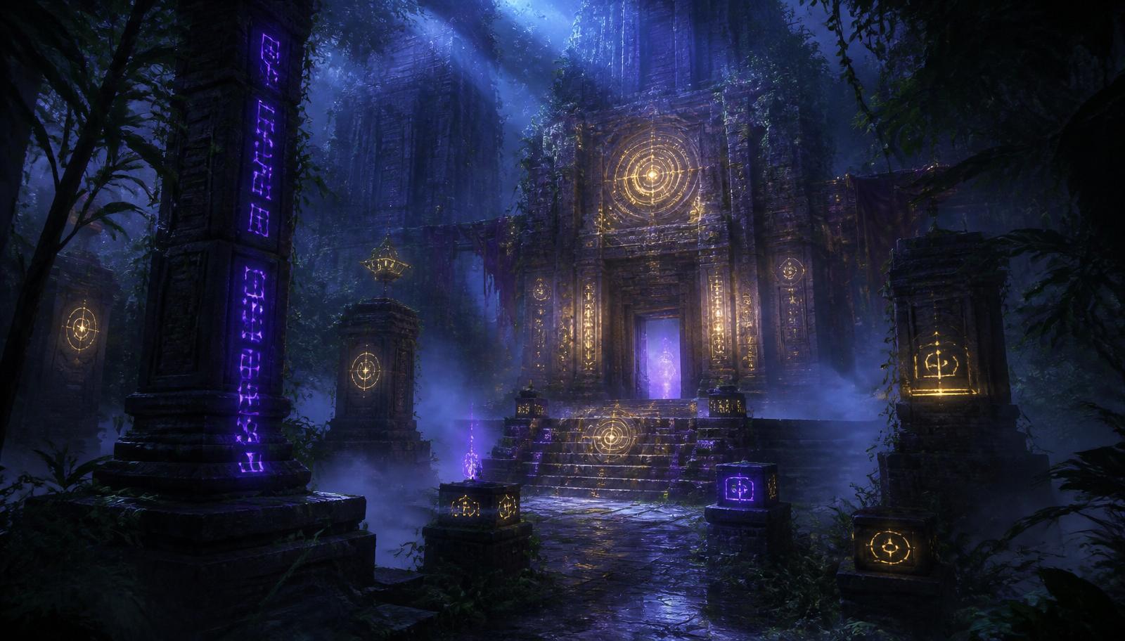 Le Temple Oublié envahi de runes violettes